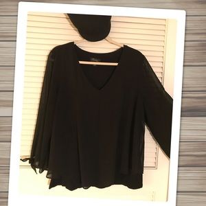 Pretty Sheer Overlay Knotted Bell Sleeve Blouse!
